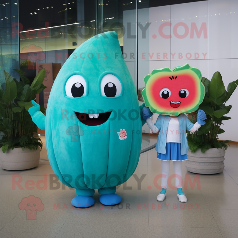 Sky Blue Watermelon mascot costume character dressed with a Midi Dress and Smartwatches