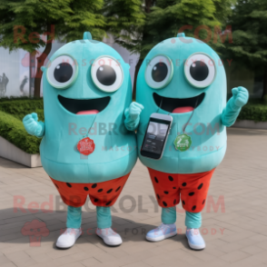 Sky Blue Watermelon mascot costume character dressed with a Midi Dress and Smartwatches