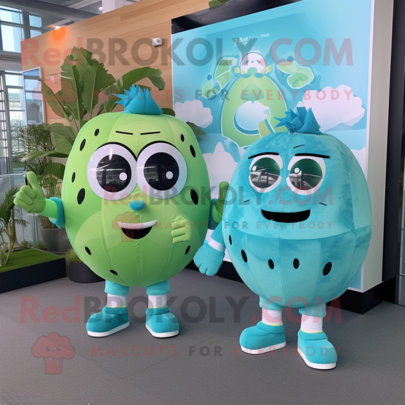 Sky Blue Watermelon mascot costume character dressed with a Midi Dress and Smartwatches