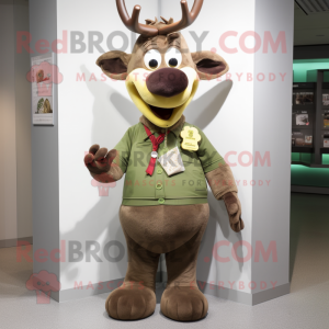 Olive Reindeer mascot costume character dressed with a Button-Up Shirt and Cummerbunds