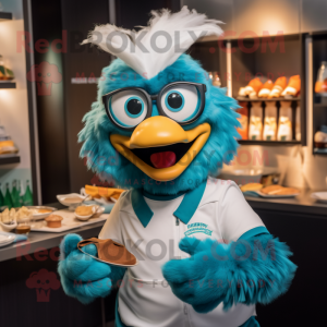 Teal Butter Chicken mascot costume character dressed with a Rugby Shirt and Eyeglasses