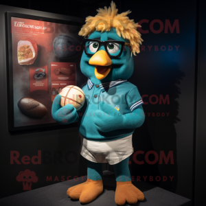 Teal Butter Chicken mascot costume character dressed with a Rugby Shirt and Eyeglasses