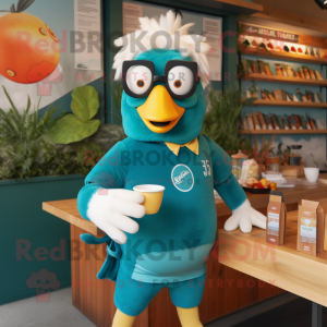 Teal Butter Chicken mascot costume character dressed with a Rugby Shirt and Eyeglasses