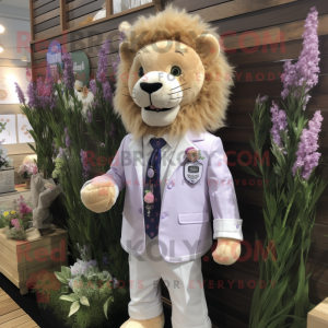 Lavender Lion mascot costume character dressed with a Dress Shirt and Lapel pins