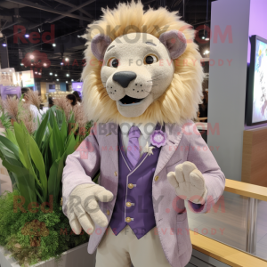 Lavender Lion mascot costume character dressed with a Dress Shirt and Lapel pins