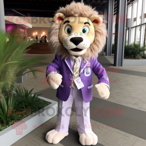 Lavender Lion mascot costume character dressed with a Dress Shirt and Lapel pins