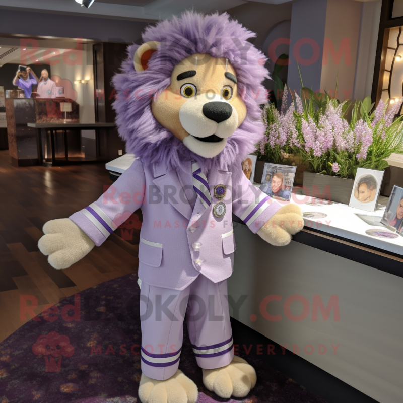 Lavender Lion mascot costume character dressed with a Dress Shirt and Lapel pins