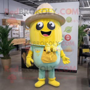 Lemon Yellow Tacos mascot costume character dressed with a Overalls and Necklaces