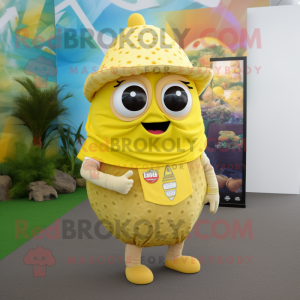 Lemon Yellow Tacos mascot costume character dressed with a Overalls and Necklaces