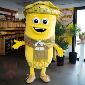 Lemon Yellow Tacos mascot costume character dressed with a Overalls and Necklaces