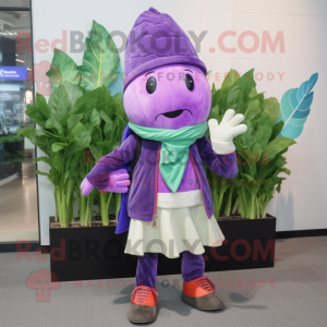 Lavender Beet mascot costume character dressed with a Bermuda Shorts and Scarves