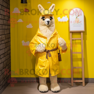 Yellow Llama mascot costume character dressed with a Raincoat and Belts