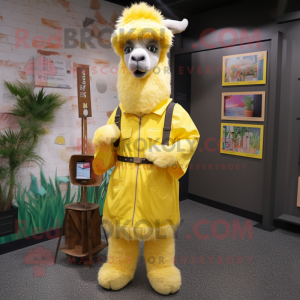 Yellow Llama mascot costume character dressed with a Raincoat and Belts