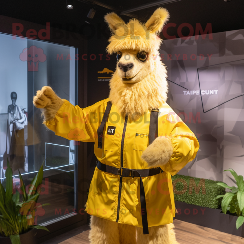Yellow Llama mascot costume character dressed with a Raincoat and Belts Yellow Llama mascot costume character dressed with a Raincoat and Belts