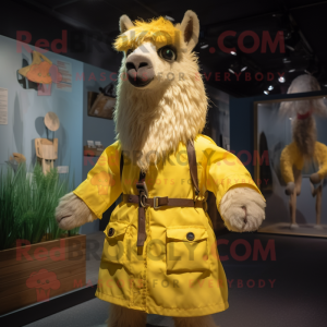 Yellow Llama mascot costume character dressed with a Raincoat and Belts