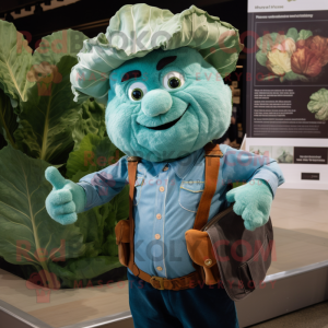 Teal Cabbage mascot costume character dressed with a Henley Shirt and Suspenders