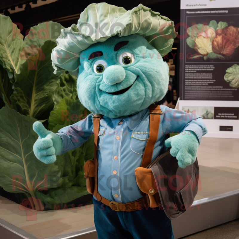 Teal Cabbage mascot costume character dressed with a Henley Shirt and Suspenders