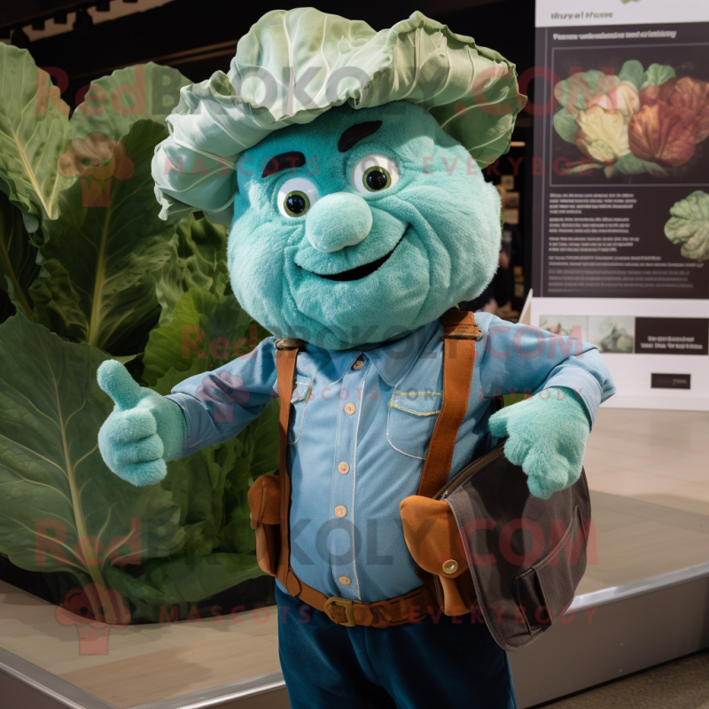 Teal Cabbage mascot costume character dressed with a Henley Shirt and Suspenders Teal Cabbage mascot costume character dressed with a Henley Shirt and Suspenders