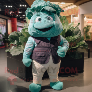 Teal Cabbage mascot costume character dressed with a Henley Shirt and Suspenders