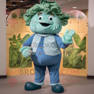 Teal Cabbage mascot costume character dressed with a Henley Shirt and Suspenders