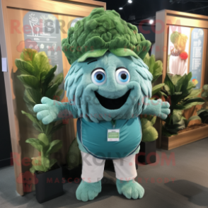 Teal Cabbage mascot costume character dressed with a Henley Shirt and Suspenders