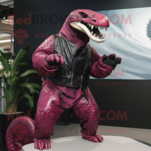 Magenta Titanoboa mascot costume character dressed with a Leather Jacket and Shawls