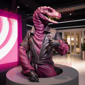 Magenta Titanoboa mascot costume character dressed with a Leather Jacket and Shawls