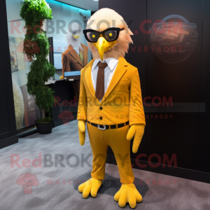 Yellow Bald Eagle mascot costume character dressed with a Suit Jacket and Eyeglasses