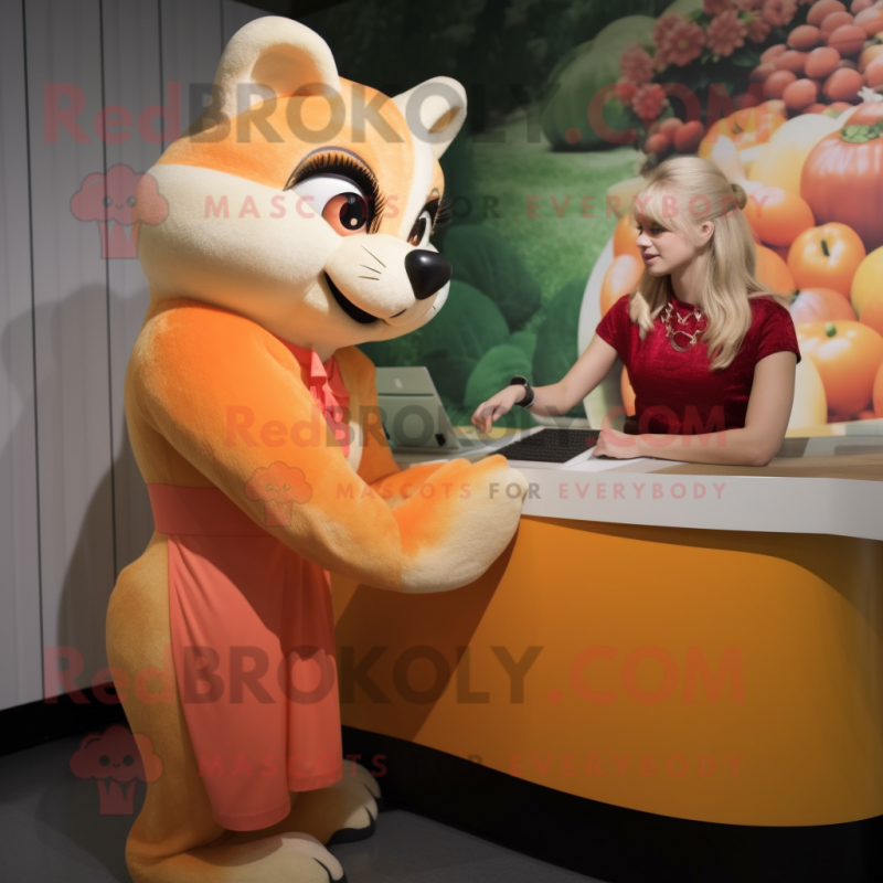 Peach Marten mascot costume character dressed with a Pencil Skirt and Watches