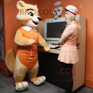 Peach Marten mascot costume character dressed with a Pencil Skirt and Watches