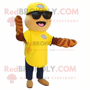 Yellow Pulled Pork Sandwich mascot costume character dressed with a Baseball Tee and Sunglasses