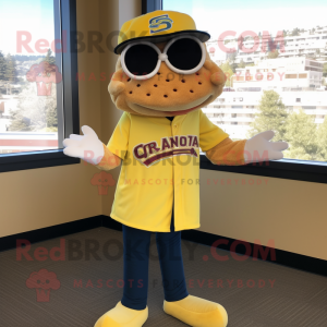 Yellow Pulled Pork Sandwich mascot costume character dressed with a Baseball Tee and Sunglasses