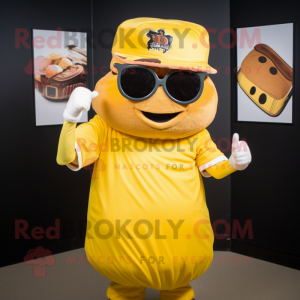 Yellow Pulled Pork Sandwich mascot costume character dressed with a Baseball Tee and Sunglasses