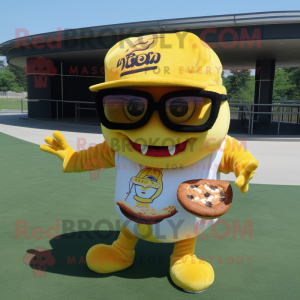 Yellow Pulled Pork Sandwich mascot costume character dressed with a Baseball Tee and Sunglasses