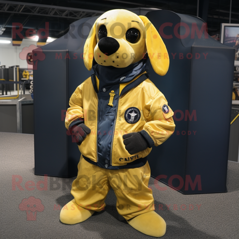 Yellow Navy Seal mascot costume character dressed with a Bomber Jacket and Earrings