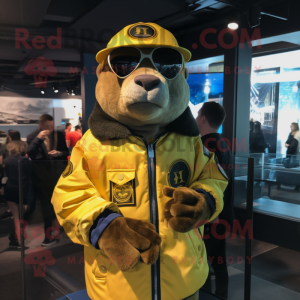 Yellow Navy Seal mascot costume character dressed with a Bomber Jacket and Earrings