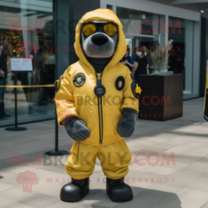 Yellow Navy Seal mascot costume character dressed with a Bomber Jacket and Earrings