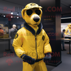 Yellow Navy Seal mascot costume character dressed with a Bomber Jacket and Earrings