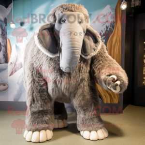 Gray Mammoth mascot costume character dressed with a Coat and Foot pads
