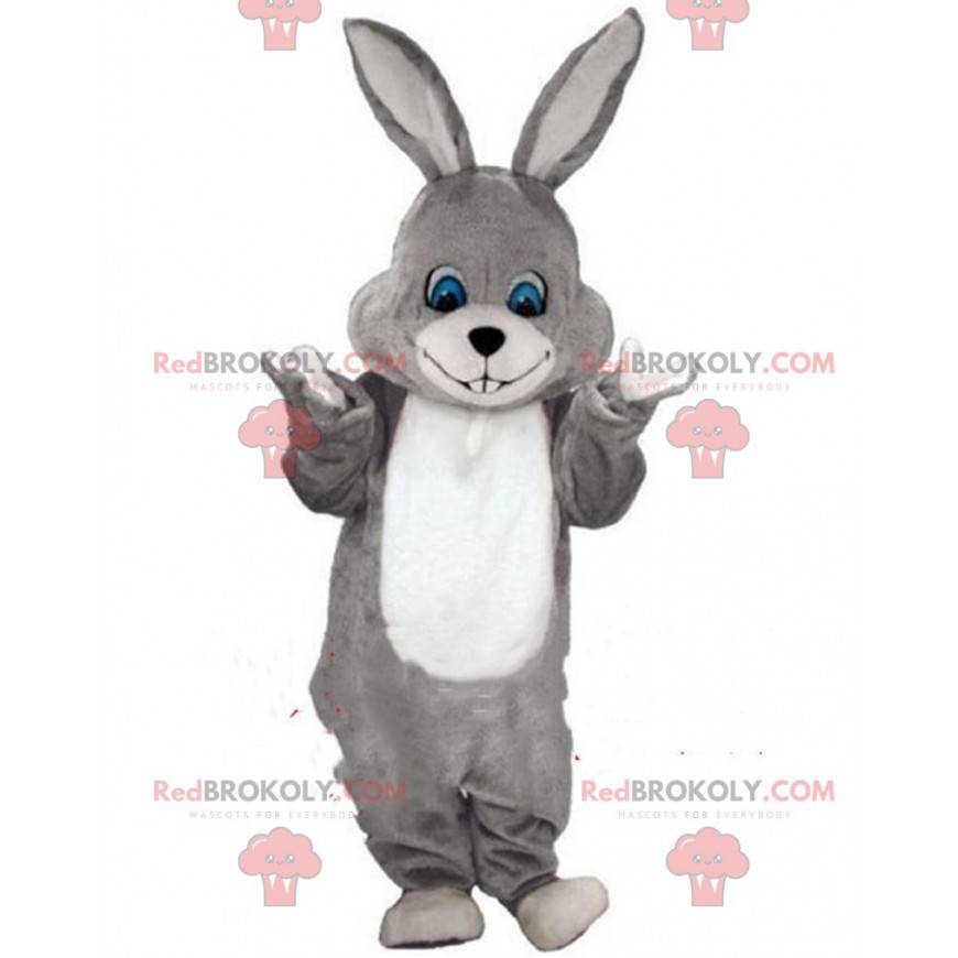 Grijs en wit konijn mascotte, pluche konijn kostuum -
