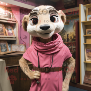 Pink Meerkat mascot costume character dressed with a Henley Shirt and Wraps