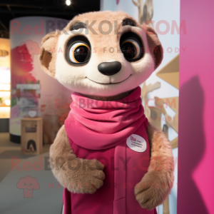 Pink Meerkat mascot costume character dressed with a Henley Shirt and Wraps