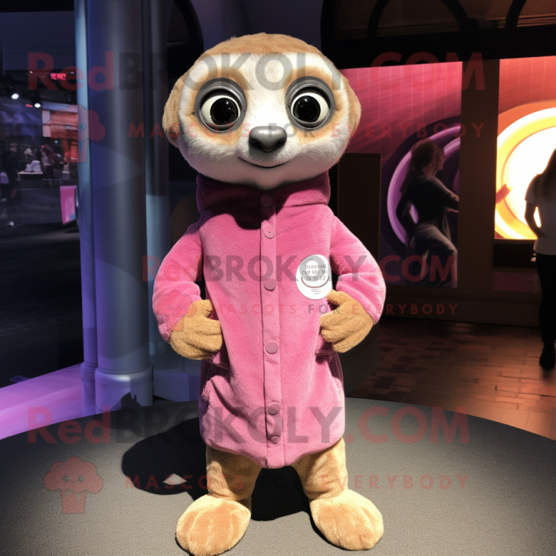 Pink Meerkat mascot costume character dressed with a Henley Shirt and Wraps