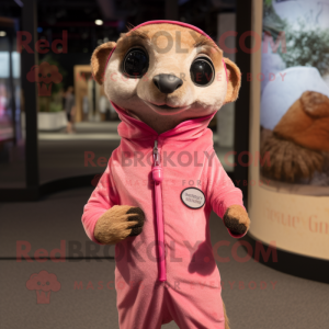 Pink Meerkat mascot costume character dressed with a Henley Shirt and Wraps