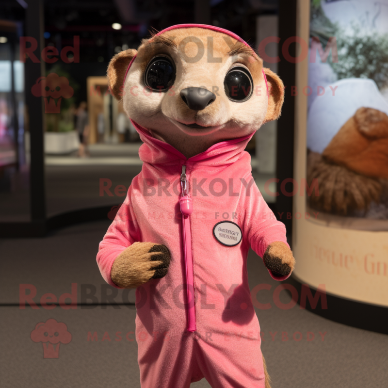 Pink Meerkat mascot costume character dressed with a Henley Shirt and Wraps Pink Meerkat mascot costume character dressed with a Henley Shirt and Wraps