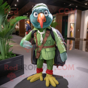 Forest Green Macaw mascot costume character dressed with a Dress Shirt and Backpacks