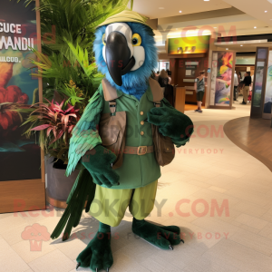 Forest Green Macaw mascot costume character dressed with a Dress Shirt and Backpacks