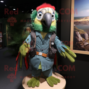 Forest Green Macaw mascot costume character dressed with a Dress Shirt and Backpacks