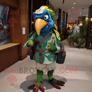 Forest Green Macaw mascot costume character dressed with a Dress Shirt and Backpacks