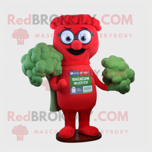 Red Broccoli mascot costume character dressed with a Graphic Tee and Reading glasses